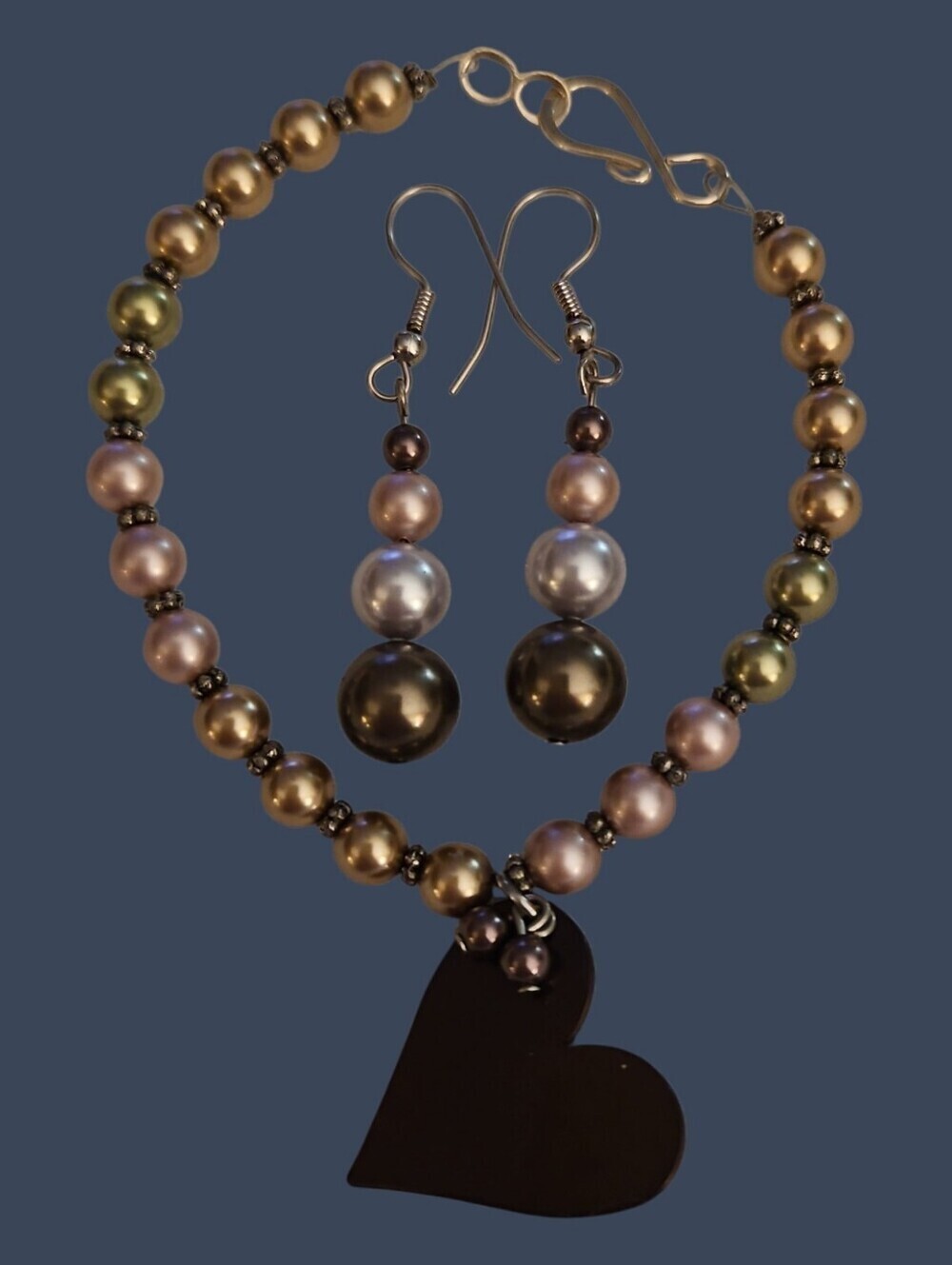 HANDMADE Multicolor Pearlesque Beaded Heart Charm Bracelet & Earrings Set
